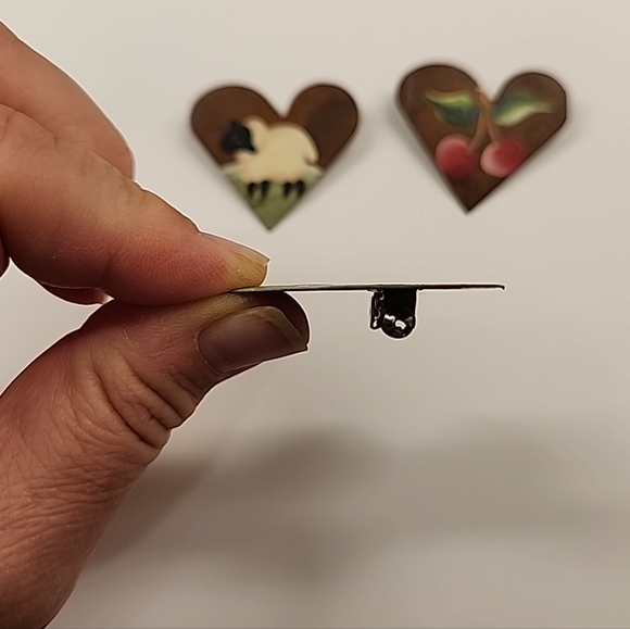 Primitive Folk Art Heart Shaped Brooches With Images of a Lamb, Cherry, & Cottag - Picture 8 of 10